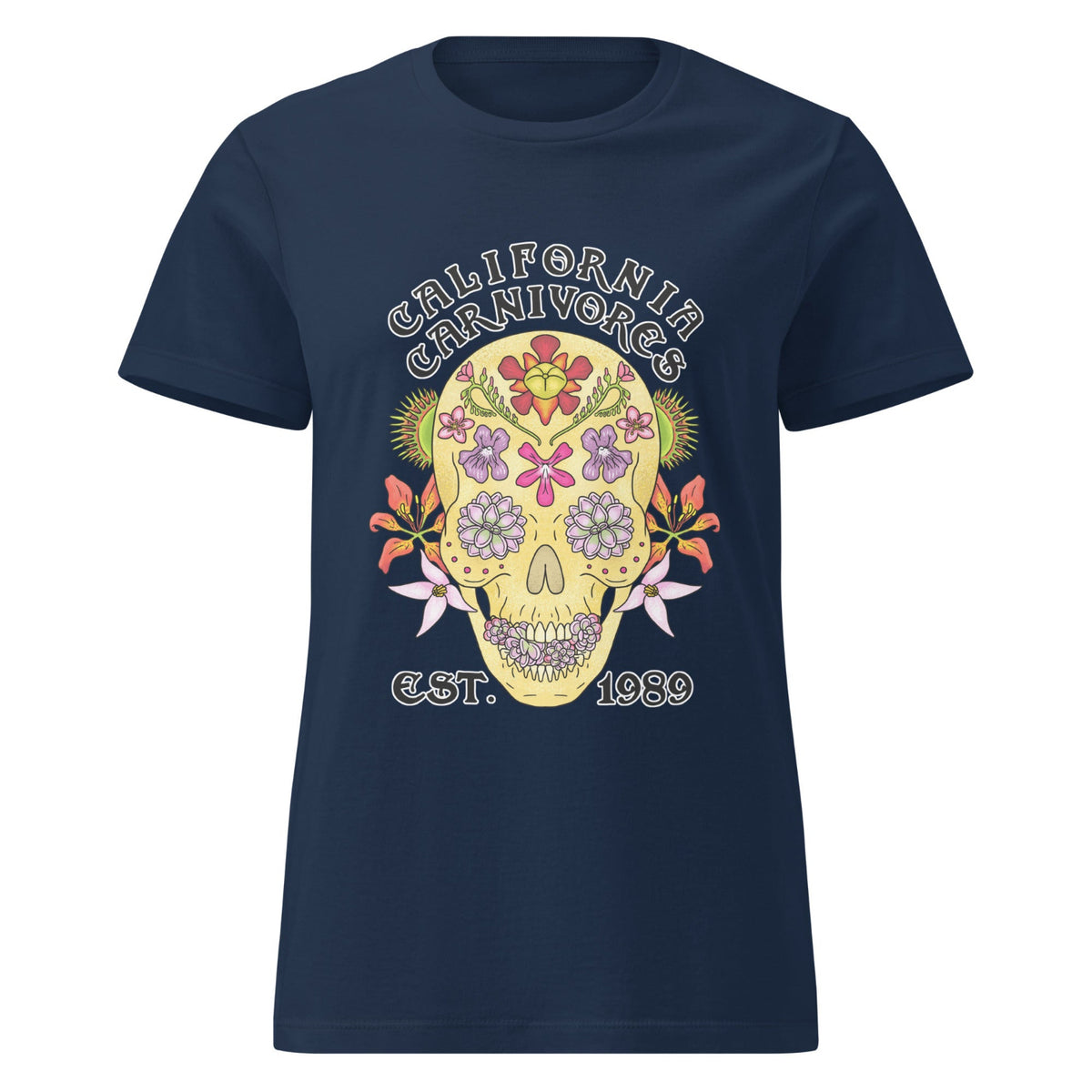 Navy blue t-shirt with a colorful skull design and 'California Carnivores' text on a white background