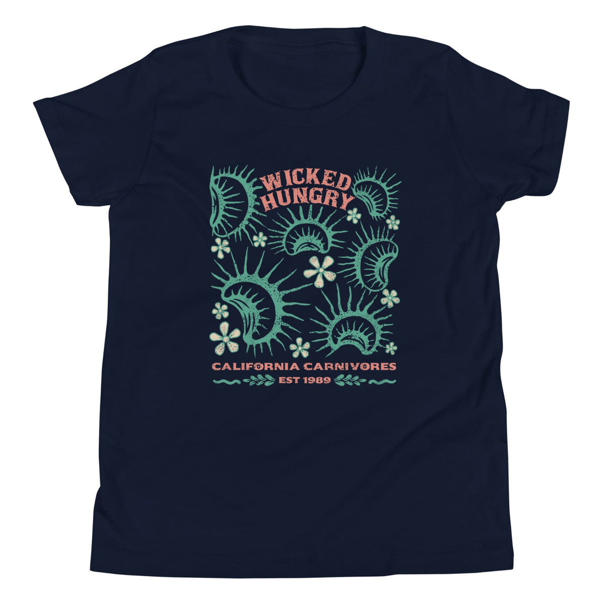 Navy Tshirt with Wicked Hungry written across the top middle and venus flytraps surrounding it