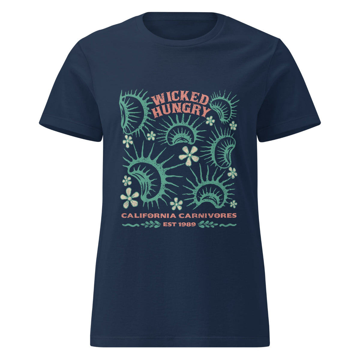 Navy California Carnivores Womens t-shirt with Wicked Hungry in coral, in the upper middle, surrounded by wood block print style flytraps in teal. 