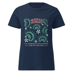 Navy California Carnivores Womens t-shirt with Wicked Hungry in coral, in the upper middle, surrounded by wood block print style flytraps in teal. 