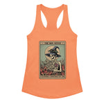 Orange tank top with a skeleton wearing a witch hat and reading a book design on a white background.