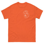Orange t-shirt with a white logo on a white background