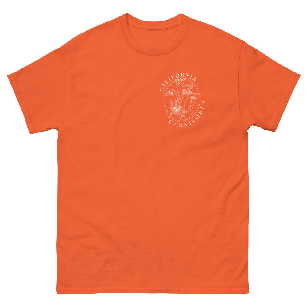 Orange t-shirt with a white logo on a white background