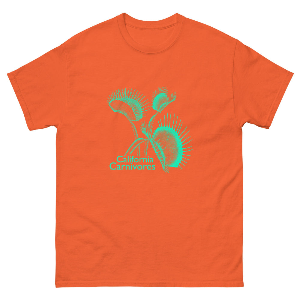 Orange t-shirt with teal carnivore plant graphic and text on a white background