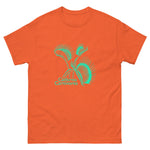 Orange t-shirt with teal carnivore plant graphic and text on a white background
