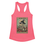 Pink tank top with a skeleton wearing a witch hat and reading a book design on a white background.