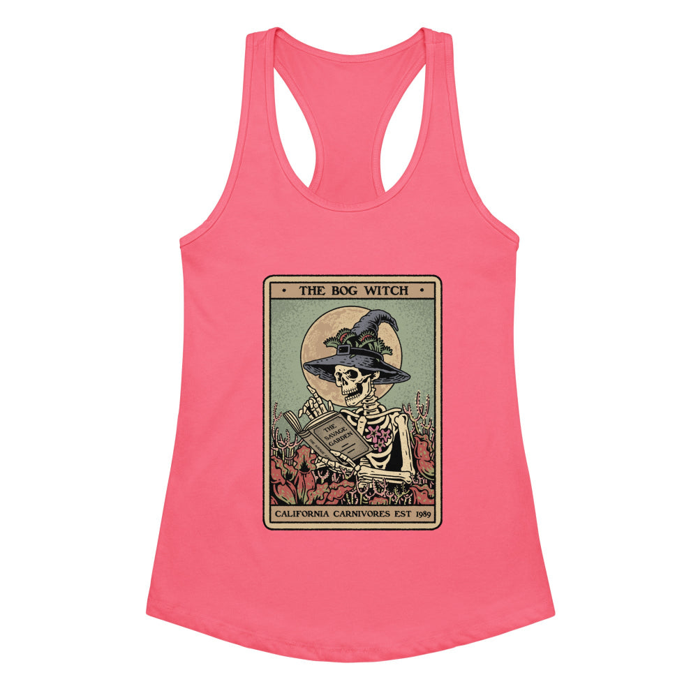 Pink tank top with a skeleton wearing a witch hat and reading a book design on a white background.