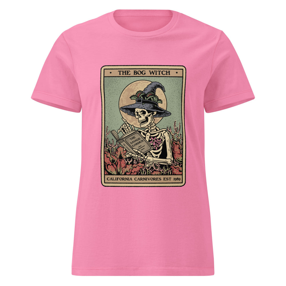 Pink t-shirt with a graphic of a skeleton in a witch hat and text on a white background