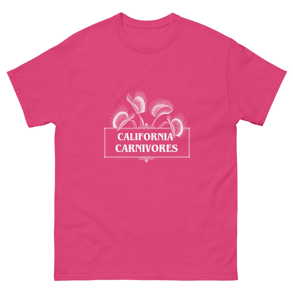 Pink t-shirt with 'California Carnivores' logo on a white background