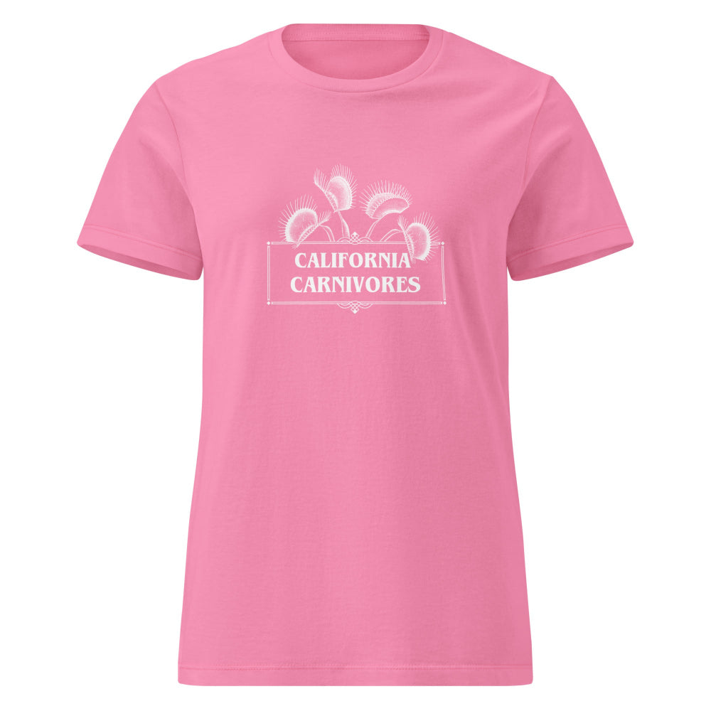 Pink t-shirt with white text and a California carnivores graphic on a white background