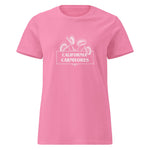 Pink t-shirt with white text and a California carnivores graphic on a white background
