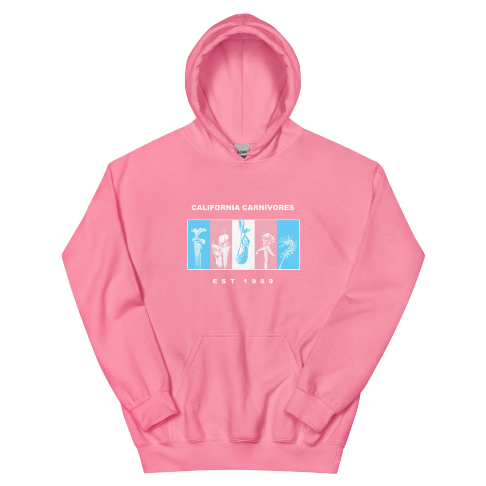 Pink hoodie with graphic design on a white background
