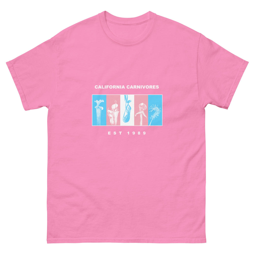 Pink t-shirt with 'California Carnivores' graphic on a white background