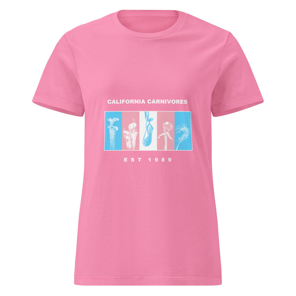 Pink t-shirt with 'California Carnivores' graphic design on a white background