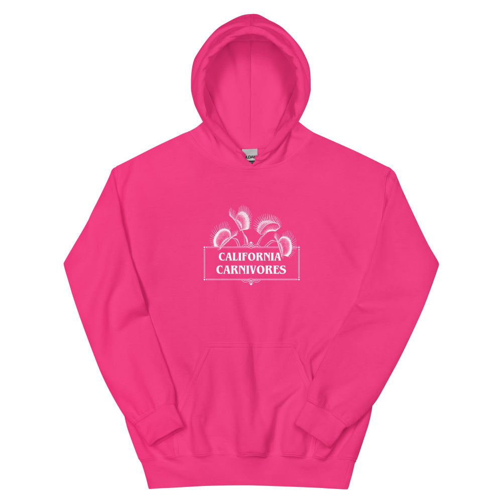 Pink hoodie with text and California Carnivores logo on a white background