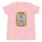 Pink t-shirt with a graphic design of flowers and text on a white background