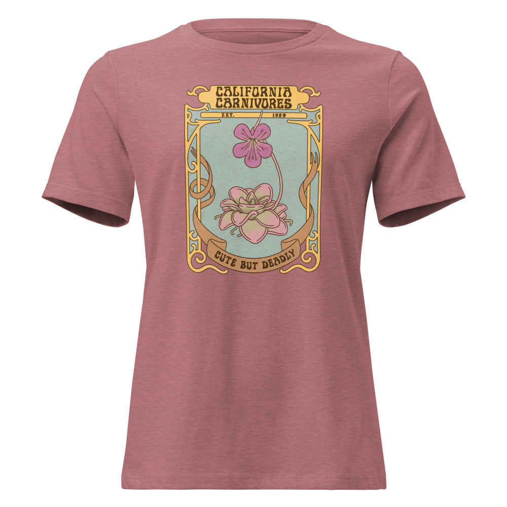 Pink t-shirt with a graphic design of flowers and text on a white background