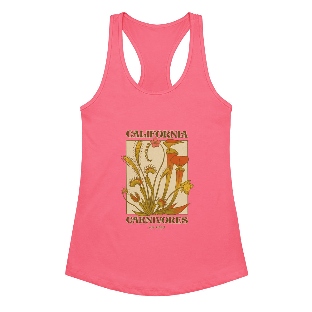 Pink tank top with carnivorous plant design and 'California Carnivores' text on a white background