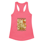 Pink tank top with carnivorous plant design and 'California Carnivores' text on a white background