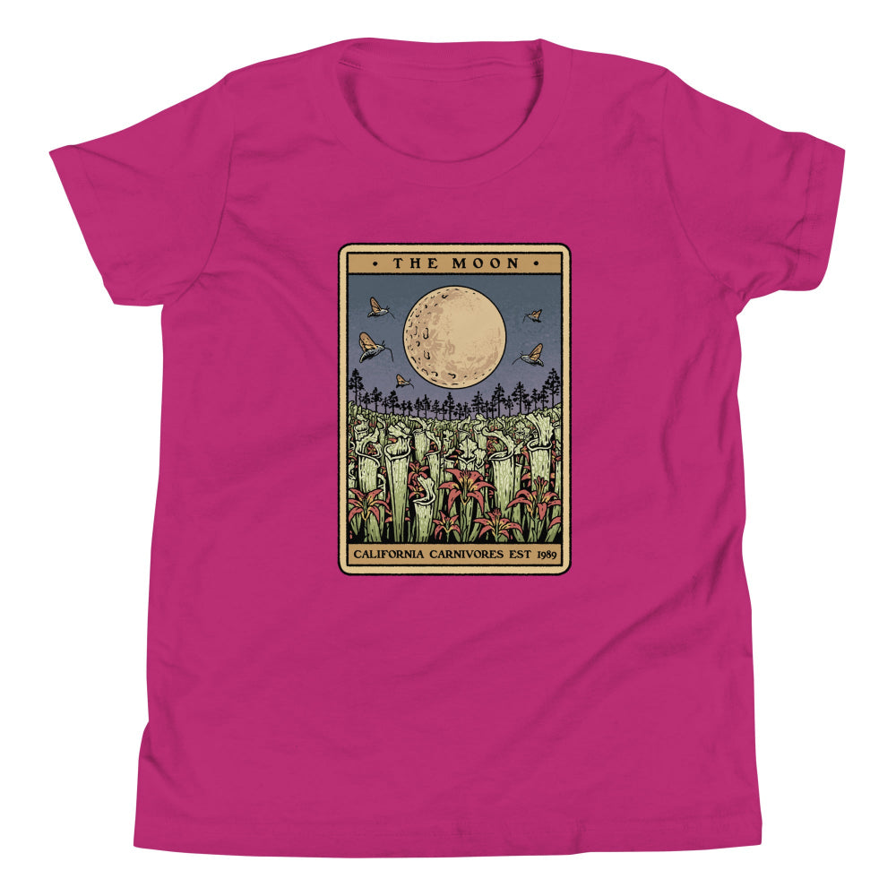 Pink t-shirt with 'The Moon' tarot card design on a white background