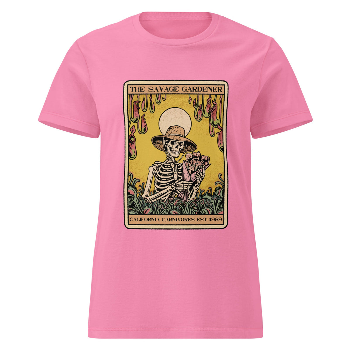 Pink t-shirt with a skeleton graphic and text on a white background