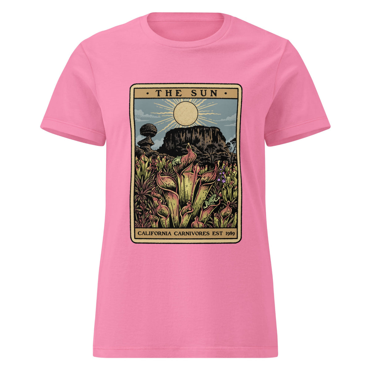 Pink t-shirt with a graphic design of heliamphora from California Carnivores