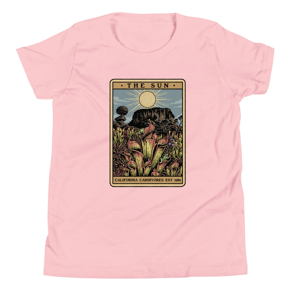 The Shining Sun pink youth unisex shirt has a heliamphora in the sun styled after a tarot card.