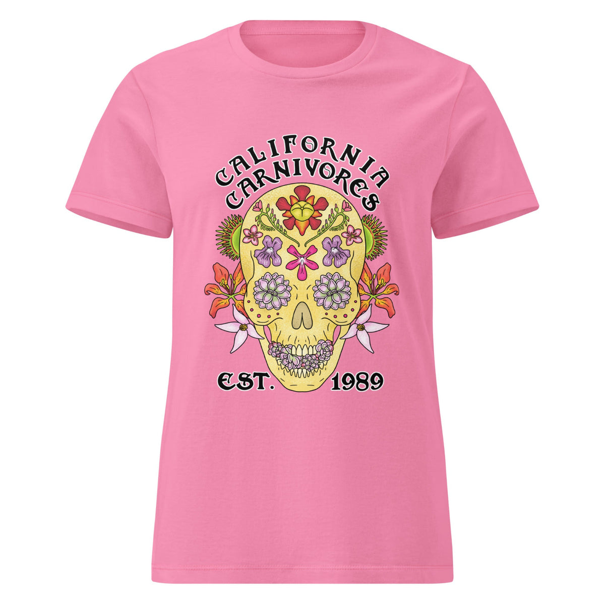 Pink t-shirt with a colorful skull design and text on a white background