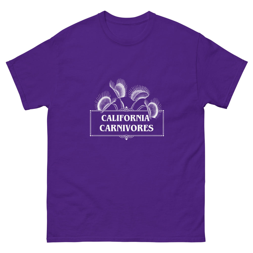 Purple t-shirt with 'California Carnivores' graphic on a white background