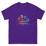 Purple t-shirt with 'California Carnivores' graphic design on a white background