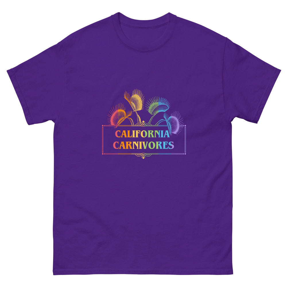 Purple t-shirt with 'California Carnivores' graphic design on a white background