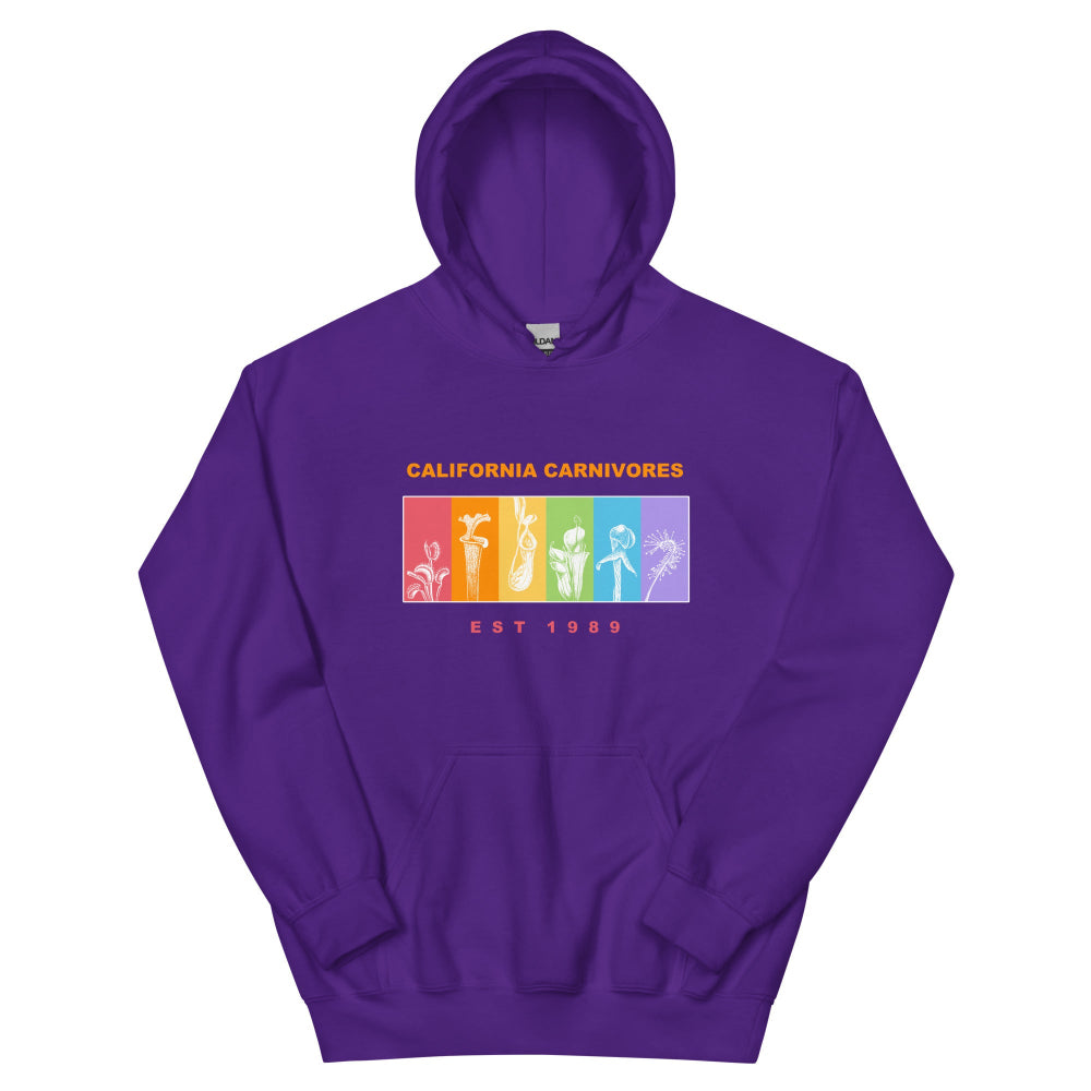 Purple hoodie with 'California Carnivores' logo on a white background