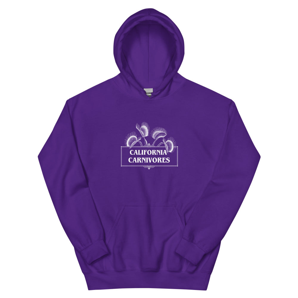 Purple hoodie with text and California Carnivores logo on a white background