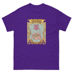 Purple t-shirt with a graphic design featuring flowers and text on a white background