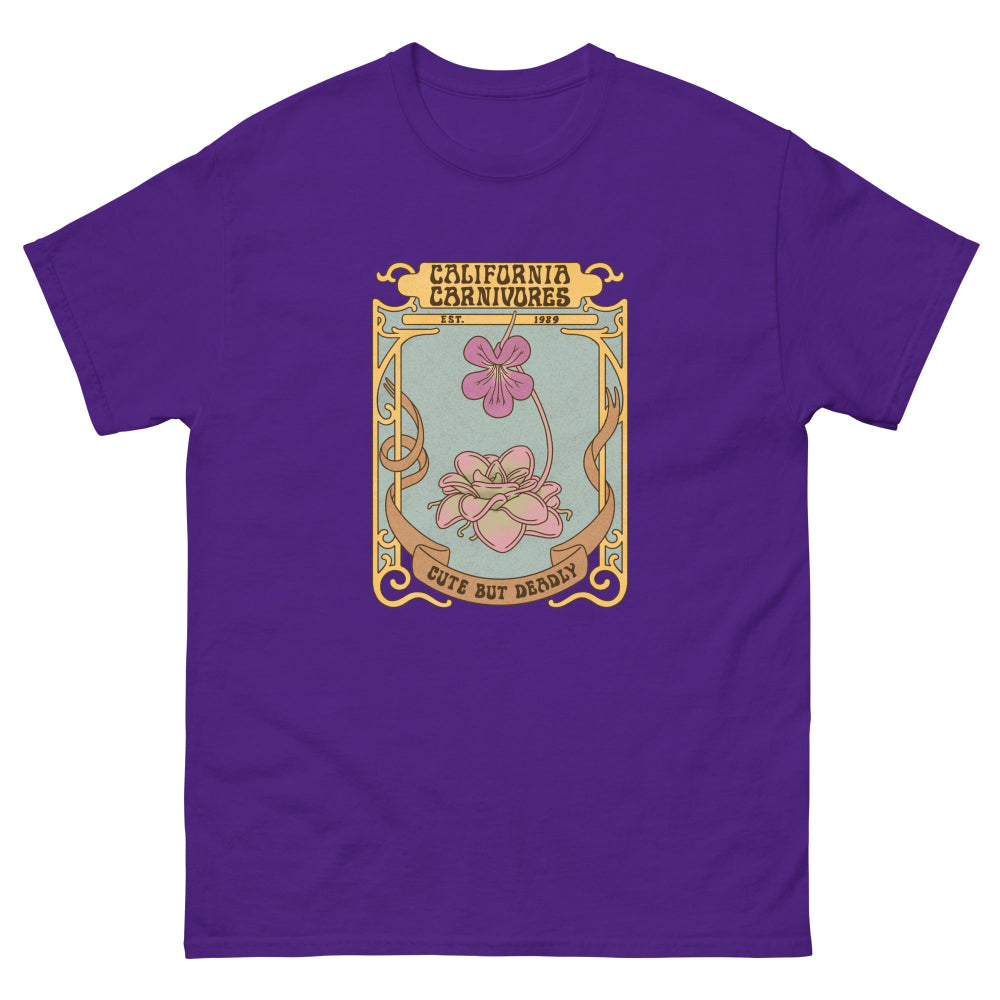 Purple t-shirt with a graphic design featuring flowers and text on a white background
