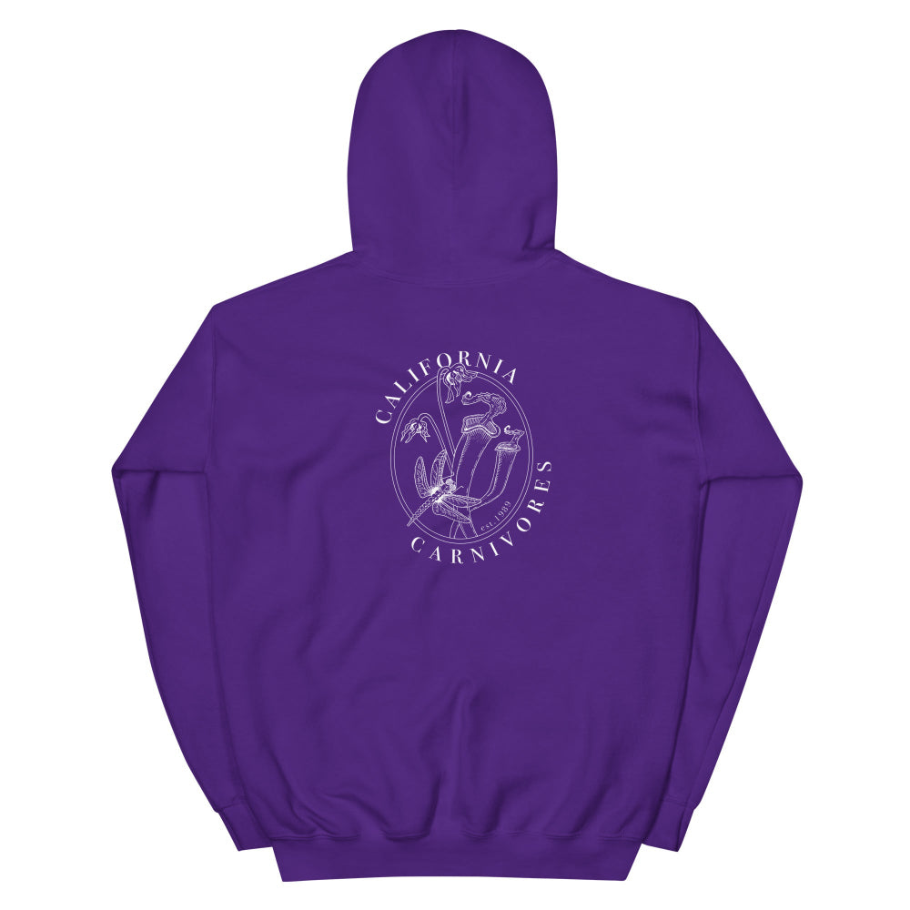 Purple hoodie with 'California Carnivores' logo on the back against a white background