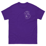 Purple t-shirt with a white logo on a white background