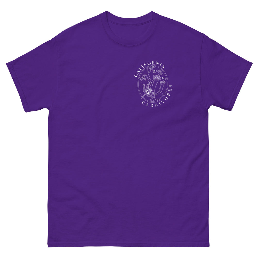Purple t-shirt with a white logo on a white background