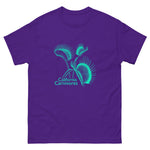 Purple t-shirt with teal carnivorous plant design and 'California Carnivores' text on a white background
