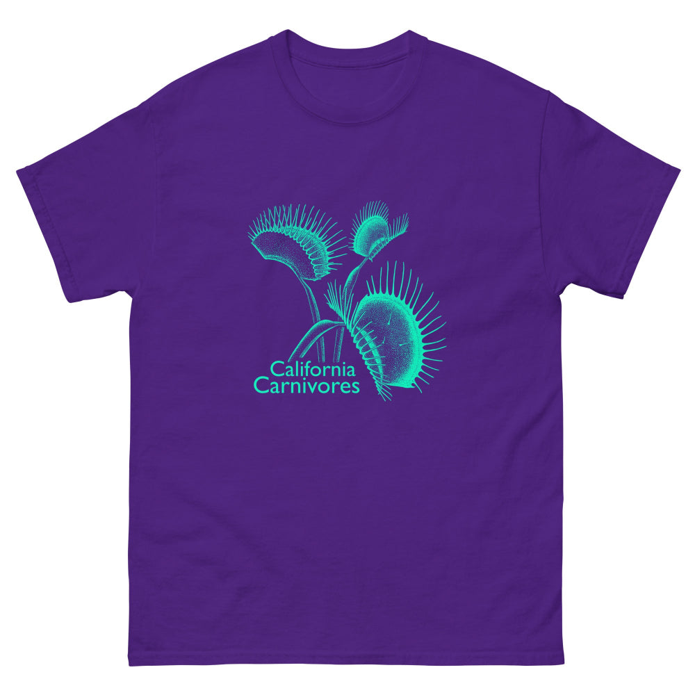 Purple t-shirt with teal carnivorous plant design and 'California Carnivores' text on a white background