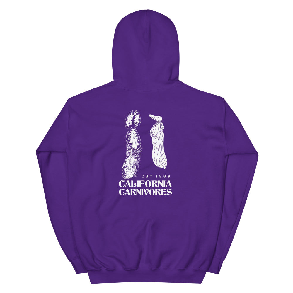 Purple hoodie with white graphic and text on a white background