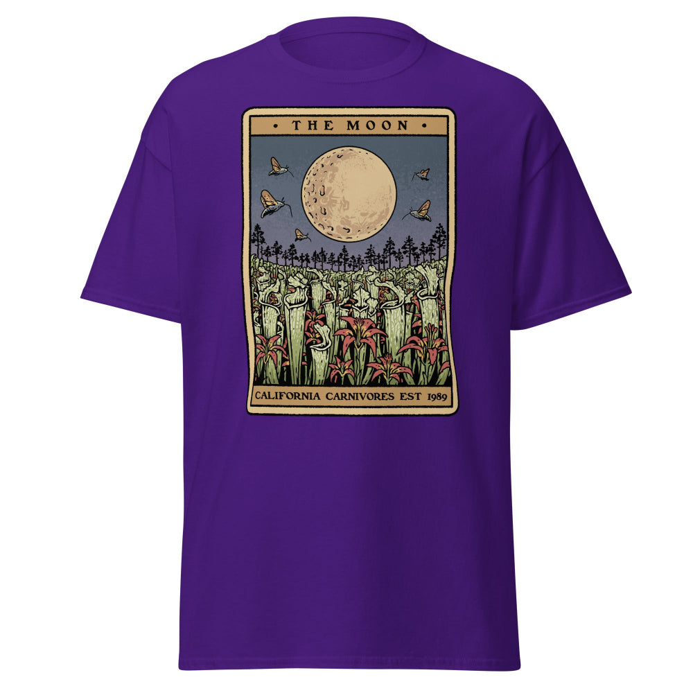 Purple t-shirt with 'The Moon' tarot card design on a white background