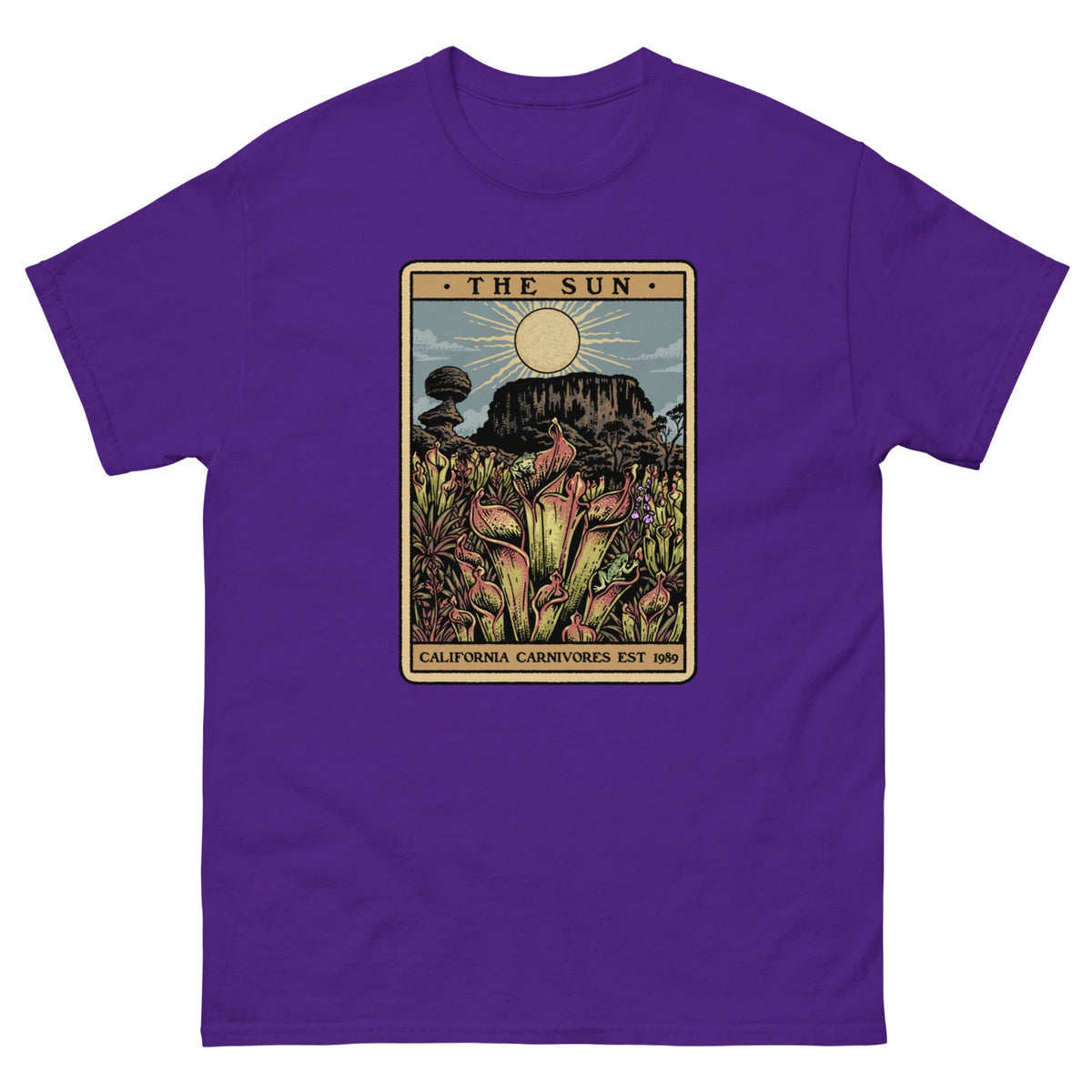 Purple t-shirt with a graphic design of Heliamphora as the Sun tarot card