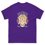 Purple t-shirt with a colorful skull design and text on a white background
