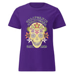 Purple t-shirt with a colorful skull design and 'California Carnivores' text on a white background