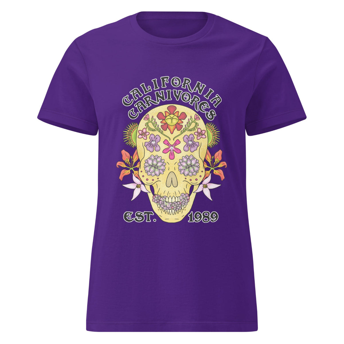 Purple t-shirt with a colorful skull design and 'California Carnivores' text on a white background