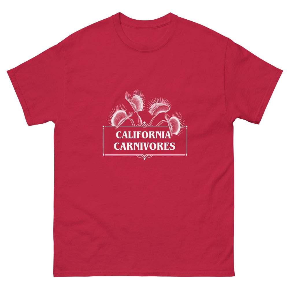 Red t-shirt with 'California Carnivores' logo on a white background