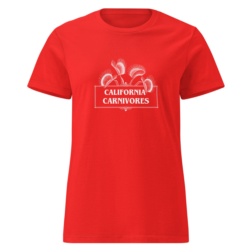 Red t-shirt with 'California Carnivores' logo on a white background