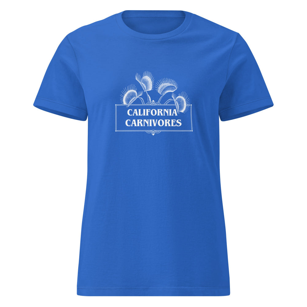Blue t-shirt with 'California Carnivores' text and graphic on a white background