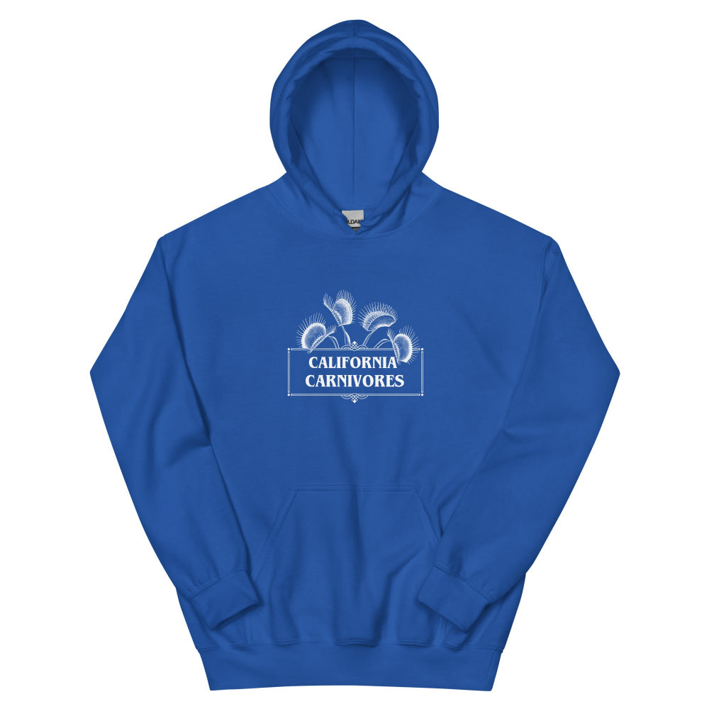 Royal Blue hoodie with text and California Carnivores logo on a white background